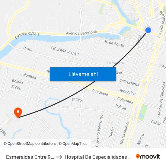 Esmeraldas Entre 9 De Octubre Y 1 De Mayo to Hospital De Especialidades Guayaquil ""Dr. Abel Gilbert Pontón"" map