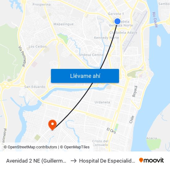 Avenidad 2 NE (Guillermo Pareja Rolando) Y 9no Pasaje 1 NE (N172) to Hospital De Especialidades Guayaquil ""Dr. Abel Gilbert Pontón"" map