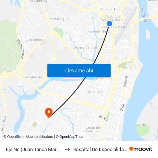 Eje Ns (Juan Tanca Marengo) Y 1er Callejon 13 NE (Calle Primera) to Hospital De Especialidades Guayaquil ""Dr. Abel Gilbert Pontón"" map