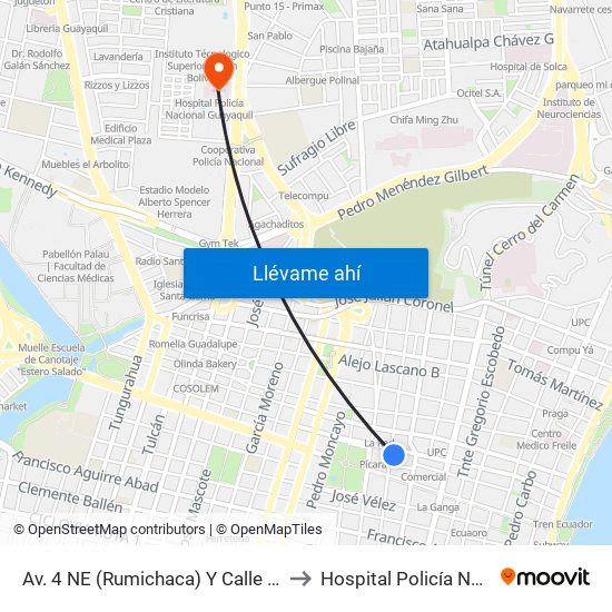 Av. 4 NE (Rumichaca)  Y Calle 2 NE  (Victor M. Rendon) to Hospital Policía Nacional Guayaquil map