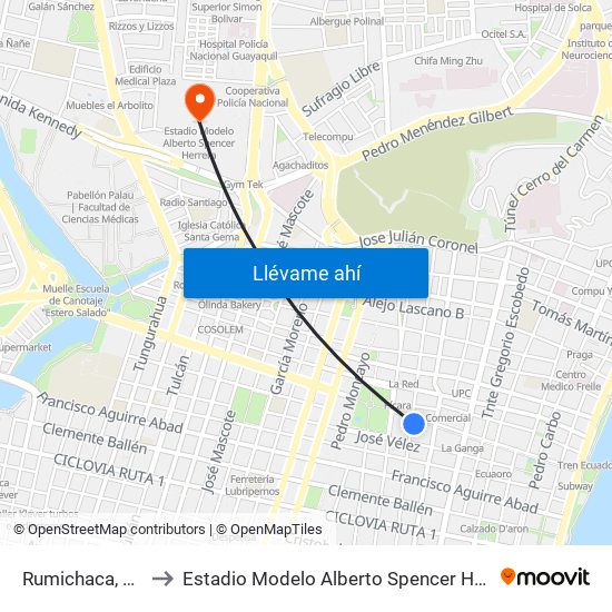 Rumichaca, 903 to Estadio Modelo Alberto Spencer Herrera map