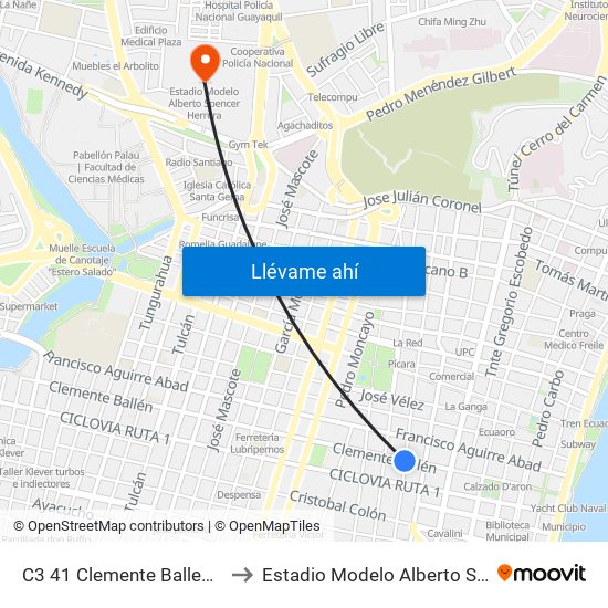 C3 41 Clemente Ballen Y Rumichaca to Estadio Modelo Alberto Spencer Herrera map