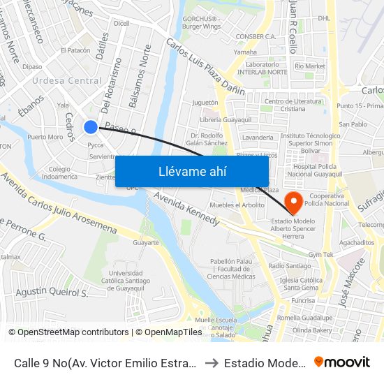 Calle 9 No(Av. Victor Emilio Estrada) Y Av. 26 No (Todos Los Santos) (Iglesia La Redonda) to Estadio Modelo Alberto Spencer Herrera map