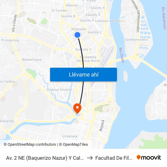 Av. 2 NE (Baquerizo Nazur)  Y Calle 17 NE  (Jose Maria Egas) to Facultad De Filosofia Y Letras map