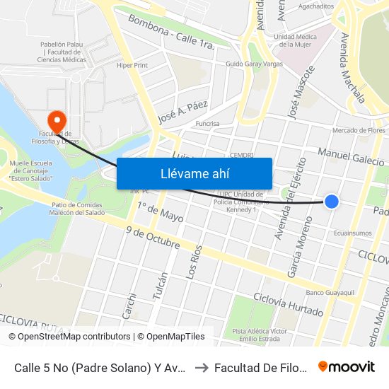 Calle 5 No (Padre Solano) Y  Avenida 2 No (Antepara) to Facultad De Filosofia Y Letras map