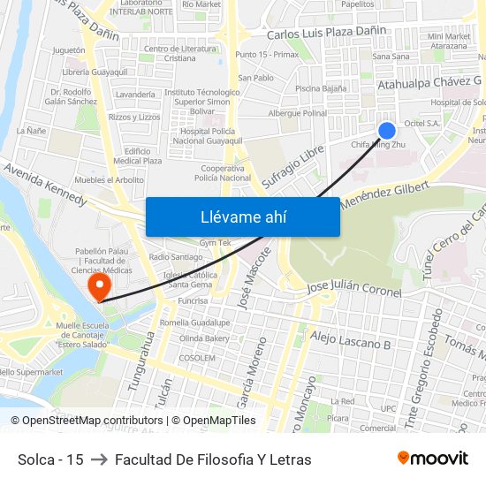 Solca - 15 to Facultad De Filosofia Y Letras map