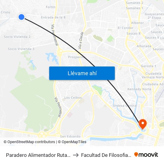 Paradero Alimentador Ruta Casuarina to Facultad De Filosofia Y Letras map