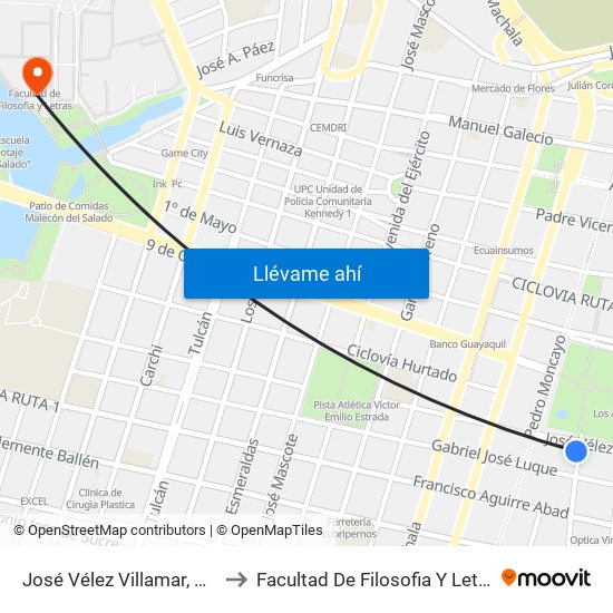 José Vélez Villamar, 905 to Facultad De Filosofia Y Letras map