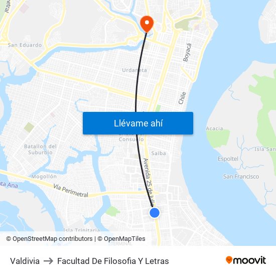 Valdivia to Facultad De Filosofia Y Letras map