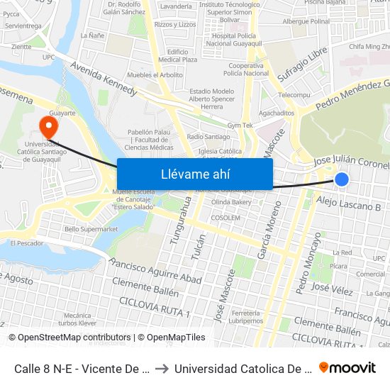 Calle 8 N-E - Vicente De Piedrahita Carbo, 610 to Universidad Catolica De Santiago De Guayaquil map