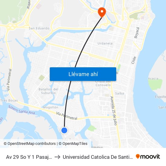 Av 29 So Y 1 Pasaje 51 (S422) to Universidad Catolica De Santiago De Guayaquil map