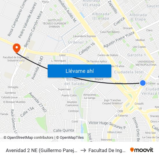 Avenidad 2 NE (Guillermo Pareja Rolando) Y 9no Pasaje 1 NE (N172) to Facultad De Ingeniería Industrial (Ug) map