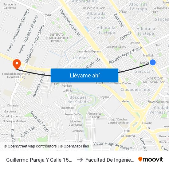 Guillermo Pareja Y  Calle 15d NE (Alejandro Idrovo) to Facultad De Ingeniería Industrial (Ug) map