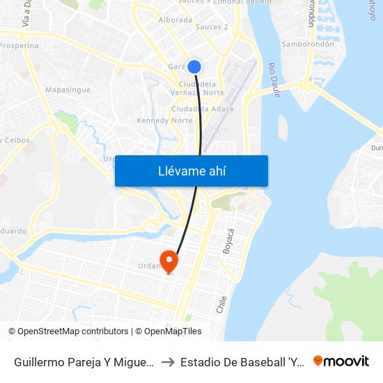 Guillermo Pareja Y  Miguel Angel Jijon to Estadio De Baseball 'Yeyo Uraga"" map