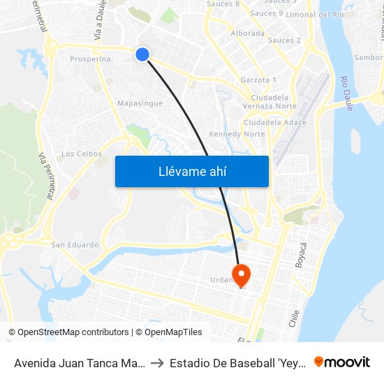 Avenida Juan Tanca Marengo, 1 to Estadio De Baseball 'Yeyo Uraga"" map