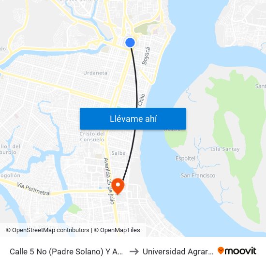 Calle 5 No (Padre Solano) Y  Avenida 2 No (Antepara) to Universidad Agraria Del Ecuador map