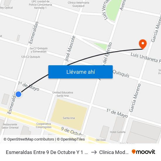 Esmeraldas Entre 9 De Octubre Y 1 De Mayo to Clínica Moderna map