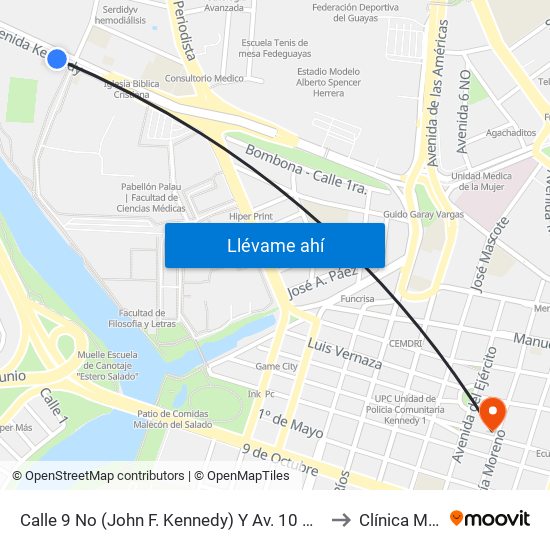 Calle 9 No (John F. Kennedy) Y Av. 10 No (Fortunato Safadi) to Clínica Moderna map