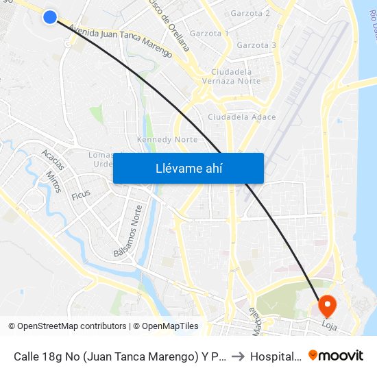 Calle 18g No (Juan Tanca Marengo) Y Proyeccion De 2do Pasaje 32 No (2do Pasaje 32) to Hospital Luis Vernaza map