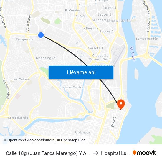 Calle 18g (Juan Tanca Marengo) Y Av 38c No (Av. Gomez Gault) to Hospital Luis Vernaza map