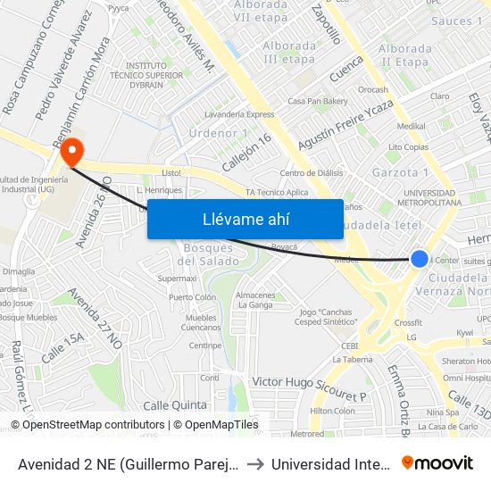 Avenidad 2 NE (Guillermo Pareja Rolando) Y 9no Pasaje 1 NE (N172) to Universidad Internacional Del Ecuador map