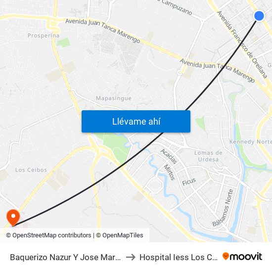 Baquerizo Nazur  Y Jose Maria Egas to Hospital Iess Los Ceibos map