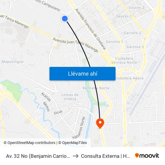Av. 32 No (Benjamin Carrion) Y Calle 18l  No (Calle 18l) to Consulta Externa | Hospital Clínica Kennedy map