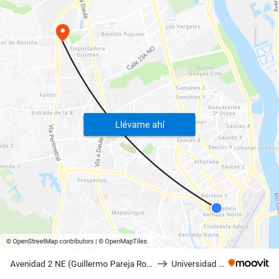Avenidad 2 NE (Guillermo Pareja Rolando) Y 9no Pasaje 1 NE (N172) to Universidad De Guayaquil map