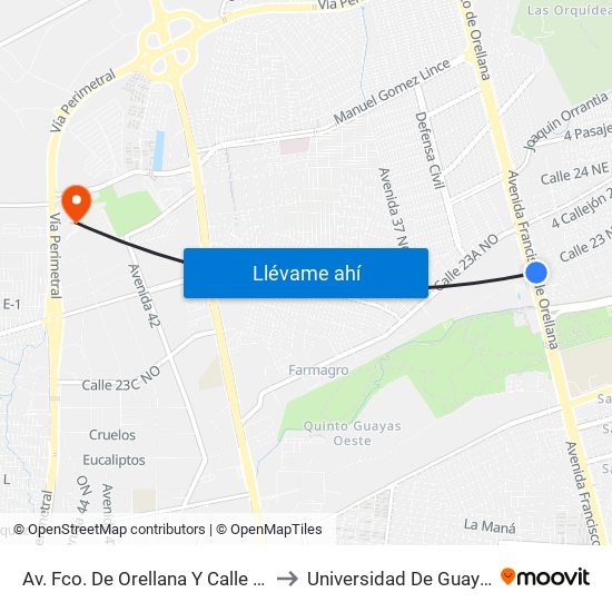Av. Fco. De Orellana  Y  Calle 23  NE to Universidad De Guayaquil map
