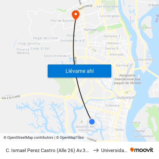 C. Ismael Perez Castro (Alle 26) Av.34 - C. Julio Jaramillo Laurido (Calle 37) (S 70) to Universidad De Guayaquil map