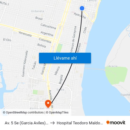 Av. 5 Se (Garcia Aviles)  Y Calle 8 Se (Colon) to Hospital Teodoro Maldonado Carbo Htmc Iess map
