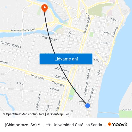 (Chimborazo- So) Y (Azuay - So) to Universidad Católica Santiago De Guayaquil map
