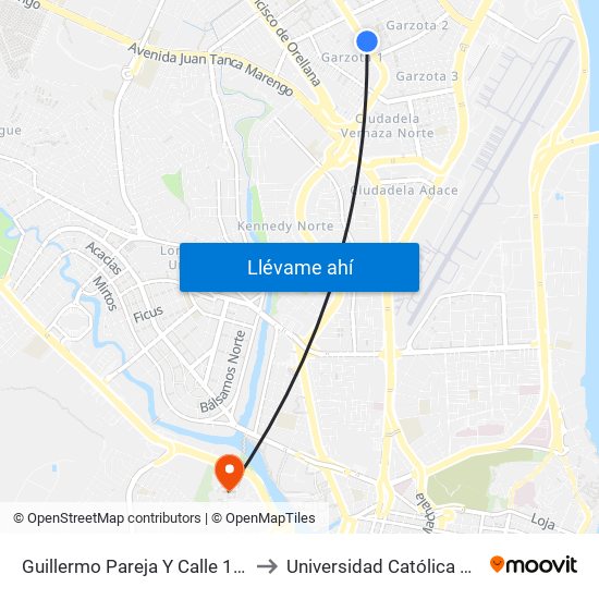 Guillermo Pareja Y  Calle 15d NE (Alejandro Idrovo) to Universidad Católica Santiago De Guayaquil map