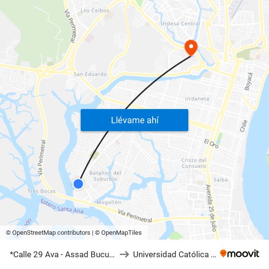 *Calle 29 Ava - Assad Bucuram Elmalin Y Calle Q Suscal to Universidad Católica Santiago De Guayaquil map