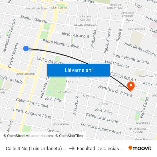 Calle 4 No (Luis Urdaneta) Y  Avenida 2 No (Antepara) to Facultad De Ciecias Matemáticas Y Físicas map