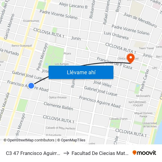 C3 47 Francisco Aguirre Y Avenida Quito to Facultad De Ciecias Matemáticas Y Físicas map