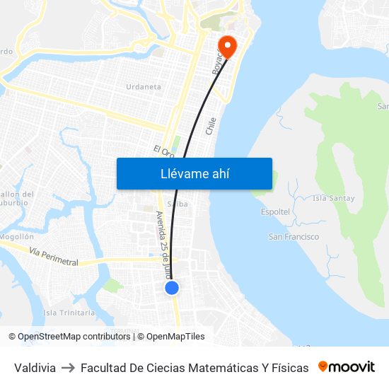 Valdivia to Facultad De Ciecias Matemáticas Y Físicas map