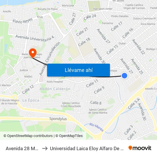Avenida 28 Manta to Universidad Laica Eloy Alfaro De Manabí map