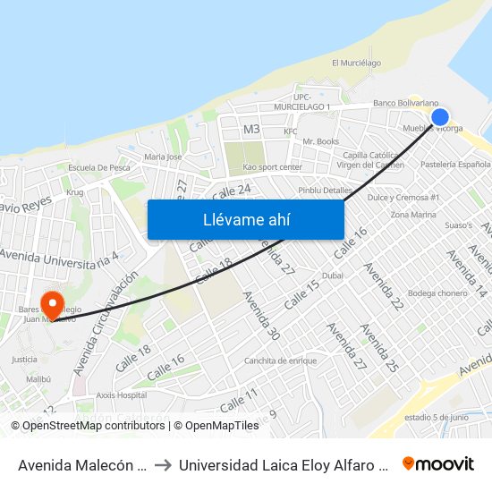 Avenida Malecón Manta to Universidad Laica Eloy Alfaro De Manabí map