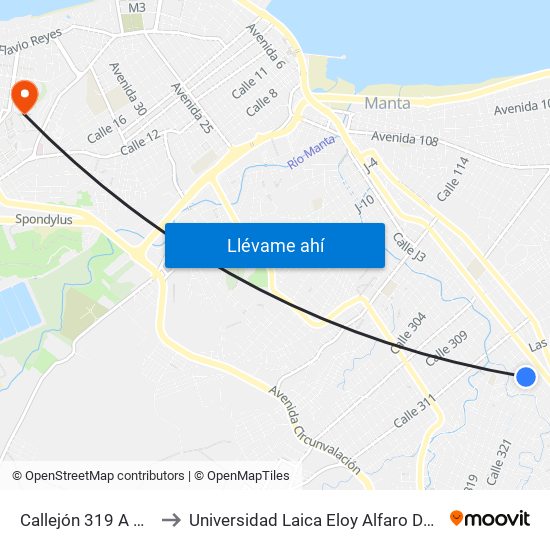 Callejón 319 A Manta to Universidad Laica Eloy Alfaro De Manabí map