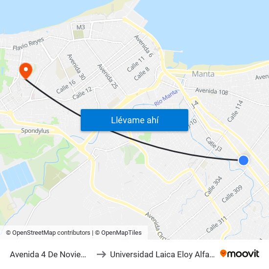 Avenida 4 De Noviembre Manta to Universidad Laica Eloy Alfaro De Manabí map