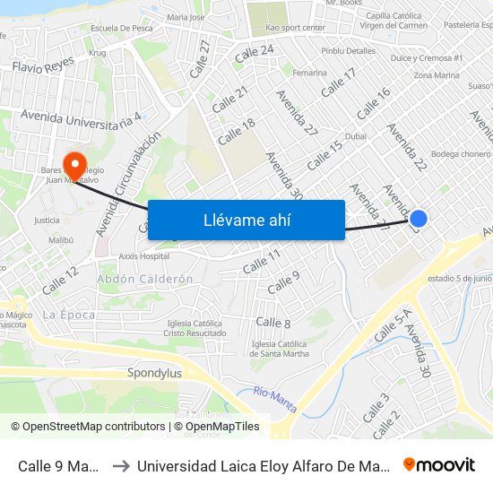 Calle 9 Manta to Universidad Laica Eloy Alfaro De Manabí map