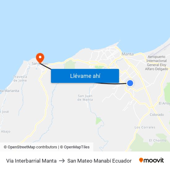 Vía Interbarrial Manta to San Mateo Manabí Ecuador map