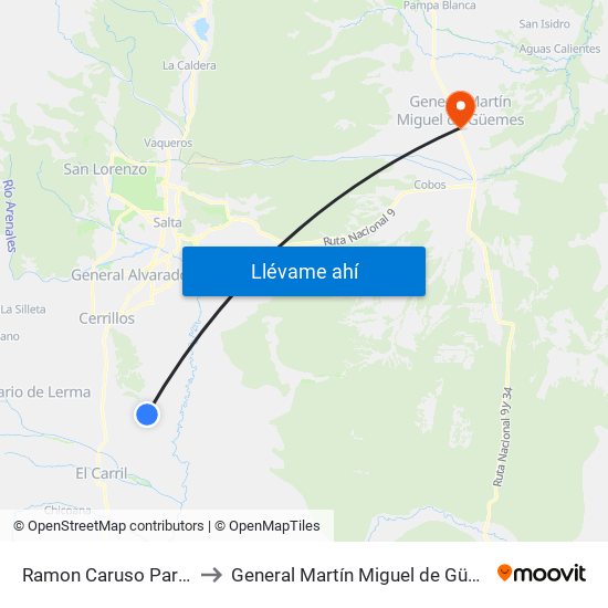 Ramon Caruso Parada to General Martín Miguel de Güemes map