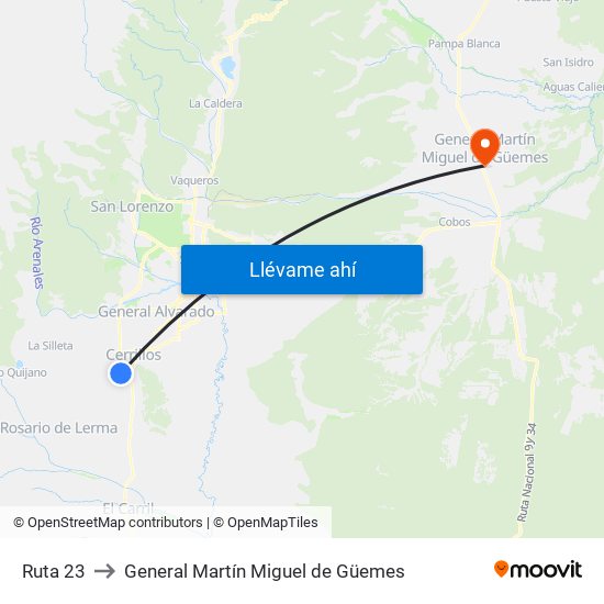 Ruta 23 to General Martín Miguel de Güemes map