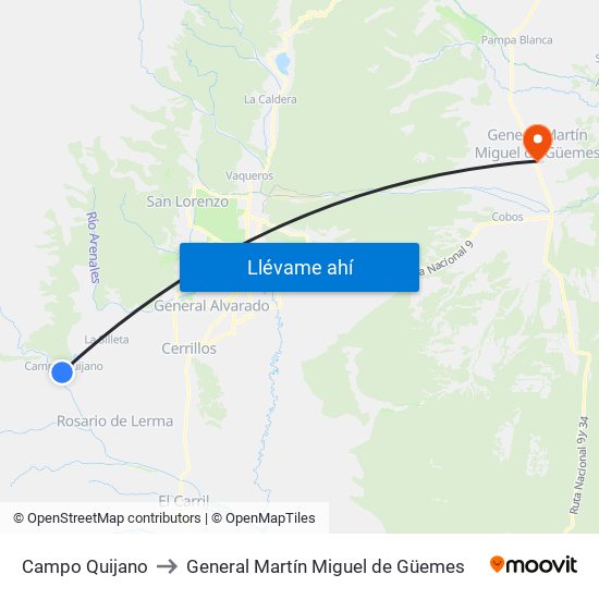 Campo Quijano to General Martín Miguel de Güemes map