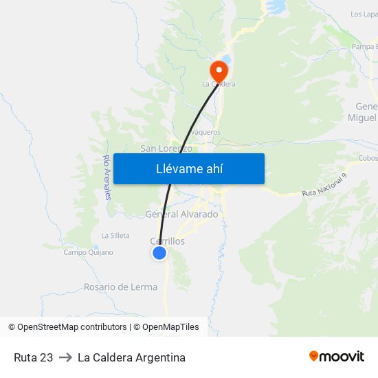 Ruta 23 to La Caldera Argentina map