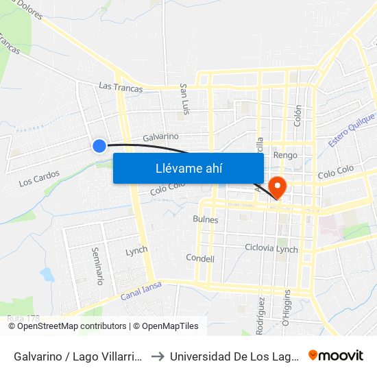 Galvarino /  Lago Villarrica to Universidad De Los Lagos map