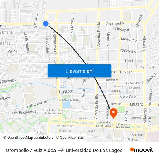 Orompello /  Ruiz Aldea to Universidad De Los Lagos map