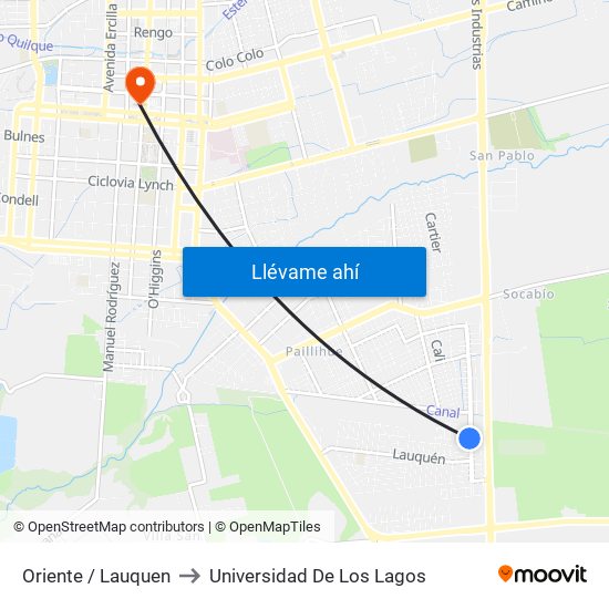 Oriente /  Lauquen to Universidad De Los Lagos map